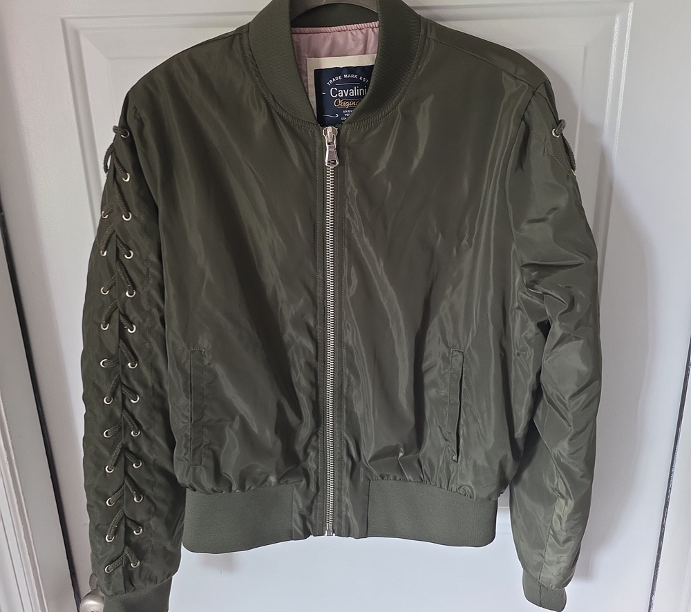Cavalini Olive Lace-Up Sleeve Bomber Jacket